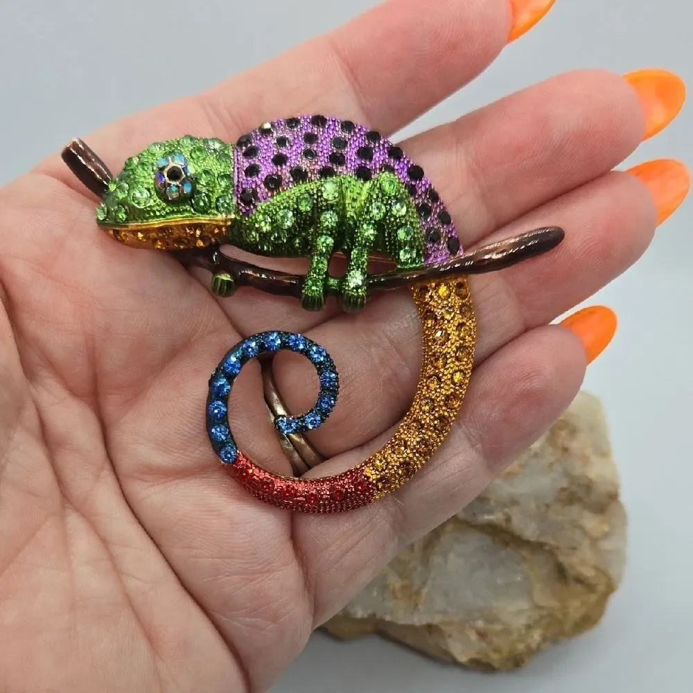 Colorful Chameleon Rhinestone Brooch Large Crystal Reptile Lizard Pin Statement